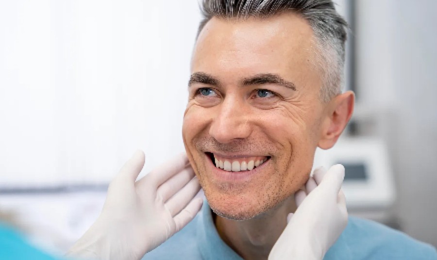 Homem sorrindo durante avaliação odontológica